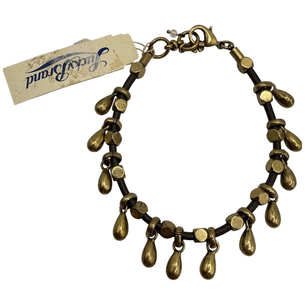 Lucky Brand Vintage Boho Leather & Brass Teardrop Charm Bracelet Size 7.75